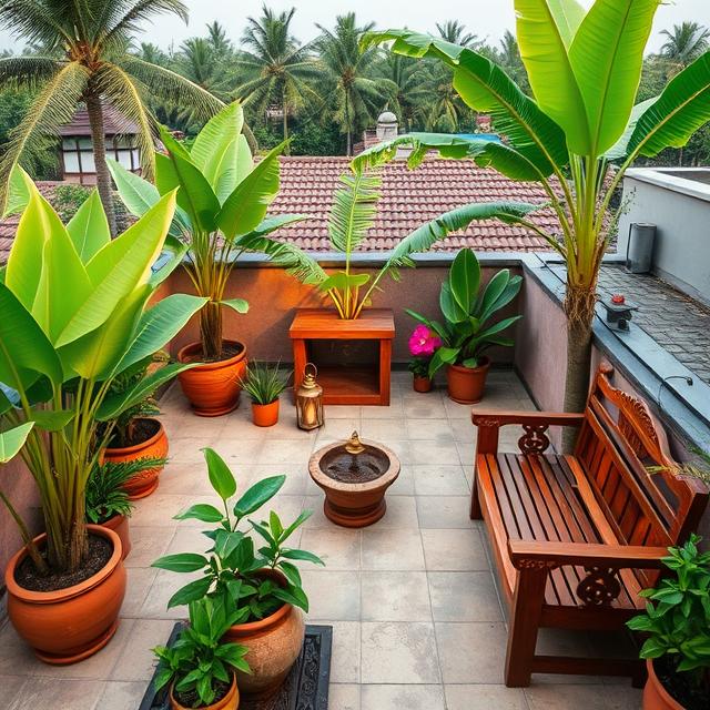 Urban rooftop garden with efficient irrigation system and lightweight planters