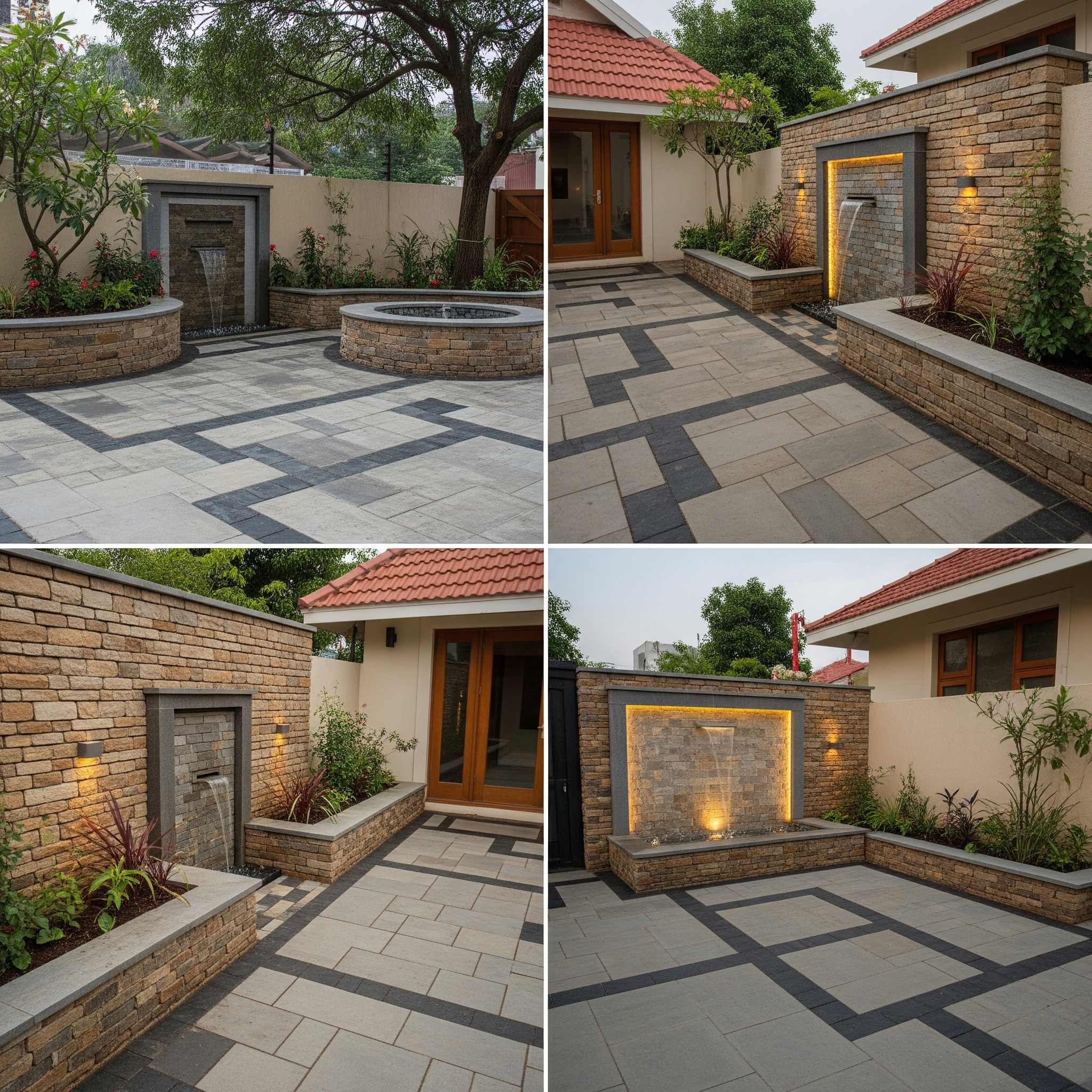 Custom stone pathway with integrated landscape lighting