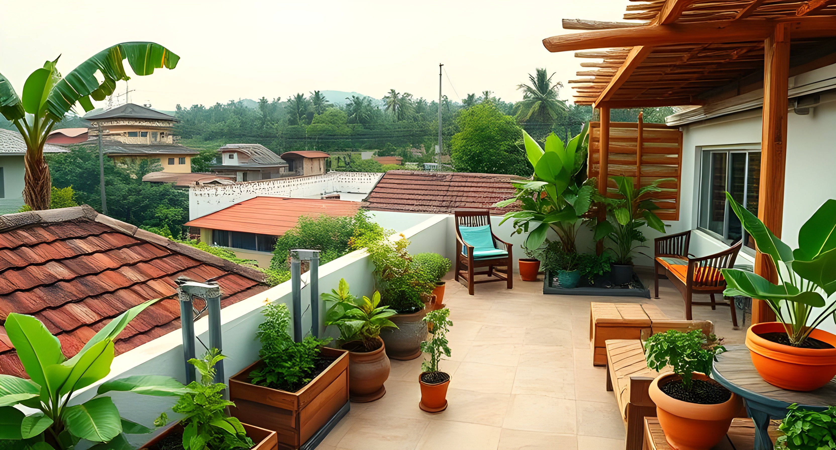 Modern rooftop garden design with seating areas and container plantings